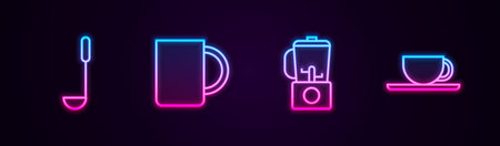 Set line Kitchen ladle, Coffee cup, Blender and . Glowing neon icon. Vector.のイラスト素材