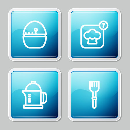 Set line Kitchen timer Chef hat French press and Fork icon. Vector.のイラスト素材