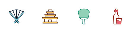 Set Traditional fan, Korean temple, hand and Soju bottle icon. Vector.のイラスト素材
