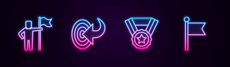 Set line Man holding flag, Target, Medal and Flag. Glowing neon icon. Vector.のイラスト素材