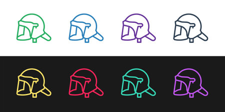 Set line Police helmet icon isolated on black and white background. Military helmet. Vector.のイラスト素材