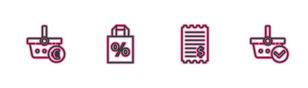 Set line Shopping basket and euro, Paper check financial check, Shopping bag with percent discount and mark icon. Vector.のイラスト素材