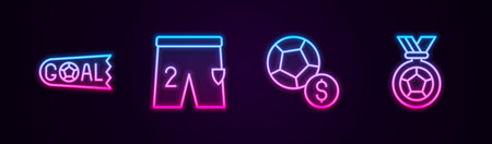 Set line Goal soccer football, Shorts for playing, Soccer and Football medal. Glowing neon icon. Vector.のイラスト素材