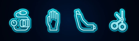 Set line Blood pressure, Medical rubber gloves, Inhaler and scissors. Glowing neon icon. Vector.のイラスト素材