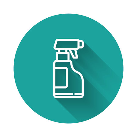 White line Cleaning spray bottle with detergent liquid icon isolated with long shadow. Green circle button. Vector Illustration.のイラスト素材