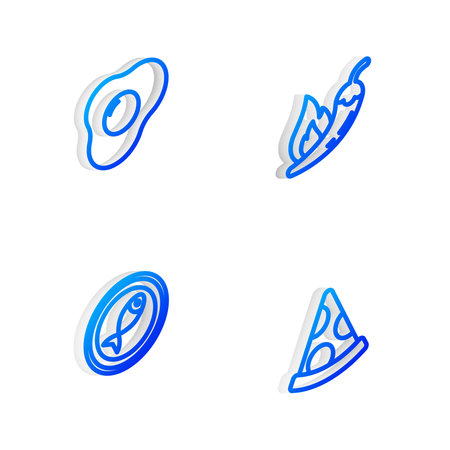 Set Isometric line Hot chili pepper pod, Scrambled eggs, Served fish on plate and Slice of pizza icon. Vector.のイラスト素材