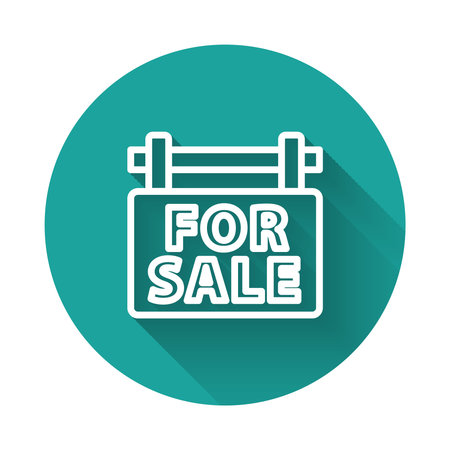 White line Hanging sign with text For Sale icon isolated with long shadow. Signboard with text For Sale. Green circle button. Vector.のイラスト素材