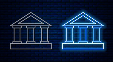 Glowing neon line Bank building icon isolated on brick wall background. Vector.のイラスト素材
