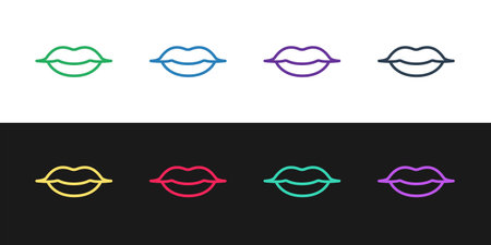 Set line Smiling lips icon isolated on black and white background. Smile symbol. Vector.のイラスト素材