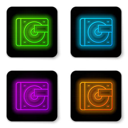 Glowing neon line Vinyl player with a vinyl disk icon isolated on white background. Black square button. Vector.のイラスト素材