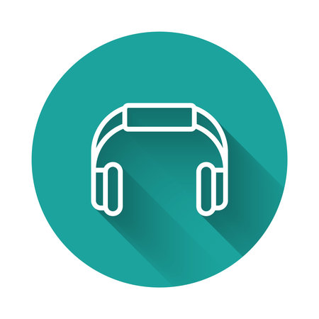 White line Headphones icon isolated with long shadow background. earphones. Concept for listening to music, service, communication and operator. Green circle button. Vector.のイラスト素材