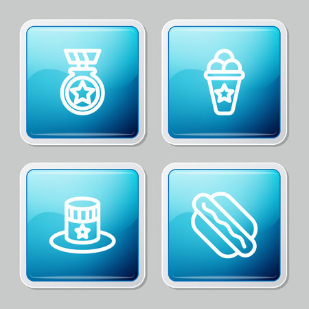 Set line Medal with star, Ice cream in waffle cone, Patriotic American top hat and Hotdog sandwich icon. Vector.のイラスト素材