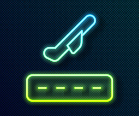 Glowing neon line Plane takeoff icon isolated on black background. Airplane transport symbol. Vector.のイラスト素材
