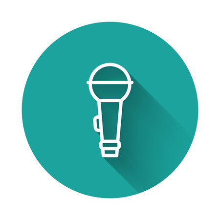 White line Microphone icon isolated with long shadow background. On air radio mic microphone. Speaker sign. Green circle button. Vector.のイラスト素材