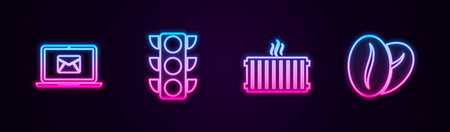 Set line Laptop with envelope, Traffic light, Heating radiator and Coffee beans. Glowing neon icon. Vector.のイラスト素材