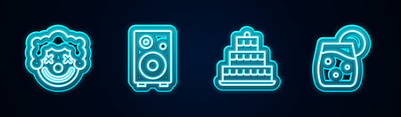 Set line Clown head, Stereo speaker, Cake with burning candles and Cocktail. Glowing neon icon. Vector.のイラスト素材