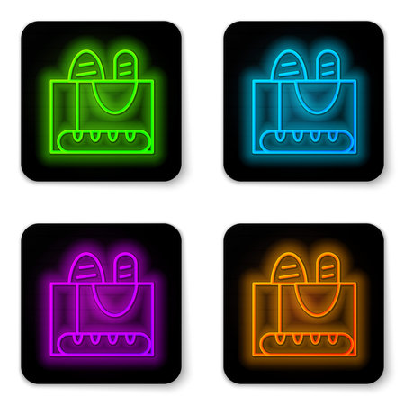 Glowing neon line French baguette bread icon isolated on white background. Black square button. Vector.のイラスト素材