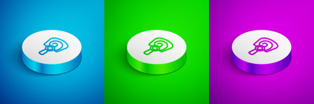 Isometric line Korean hand fan icon isolated on blue, green and purple background. White circle...