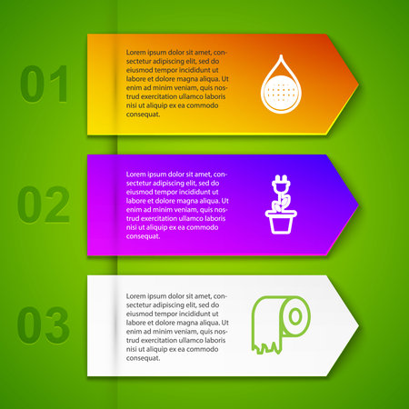 Set line Earth planet in water drop, Electric saving plug pot, Toilet paper roll and Oil barrel. Business infographic template. Vector.のイラスト素材