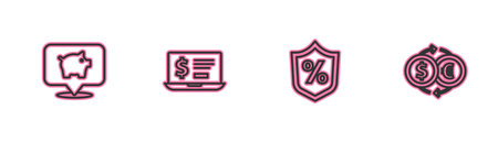 Set line Piggy bank, Loan percent, Laptop with dollar and Money exchange icon. Vector.のイラスト素材