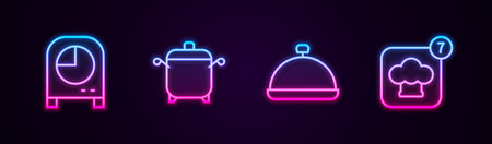 Set line Kitchen timer Cooking pot Covered with tray of food and Chef hat. Glowing neon icon. Vector.のイラスト素材
