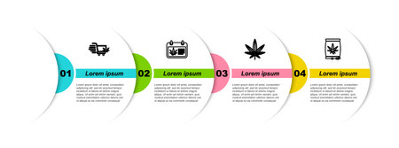 Set line Shopping cart with marijuana, Calendar and, Marijuana or cannabis leaf and seeds. Business infographic template. Vector.のイラスト素材