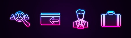 Set line Magnifying glass for search people, Cash back, Scientist and test tube and Suitcase travel. Glowing neon icon. Vector.のイラスト素材