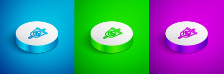 Isometric line Pirate flag icon isolated on blue, green and purple background. White circle button....