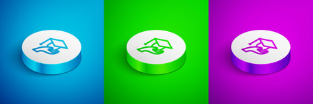 Isometric line Education grant icon isolated on blue, green and purple background. Tuition fee, financial education, budget fund, scholarship program, graduation hat. White circle button. Vector.のイラスト素材