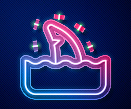 Glowing neon line Shark fin in ocean wave icon isolated on blue background. Vector.のイラスト素材