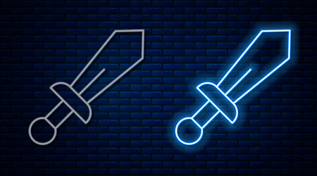 Glowing neon line Sword toy icon isolated on brick wall background. Vector.のイラスト素材