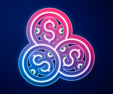 Glowing neon line Casino chip with dollar symbol icon isolated on blue background. Casino gambling. Vector.のイラスト素材