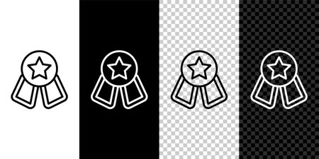 Set line Medal with star icon isolated on black and white, transparent background. Winner symbol. Vector.のイラスト素材