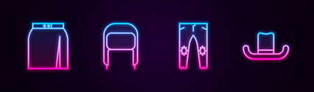 Set line Skirt, Winter hat with ear flaps, Pants and Man. Glowing neon icon. Vector.のイラスト素材