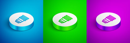 Isometric line Paper glass icon isolated on blue, green and purple background. Soda drink glass. Fresh cold beverage symbol. White circle button. Vector.のイラスト素材