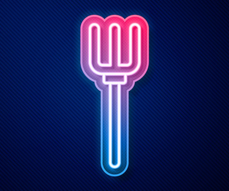 Glowing neon line Garden pitchfork icon isolated on blue background. Garden fork sign. Tool for horticulture, agriculture, farming. Vector.のイラスト素材