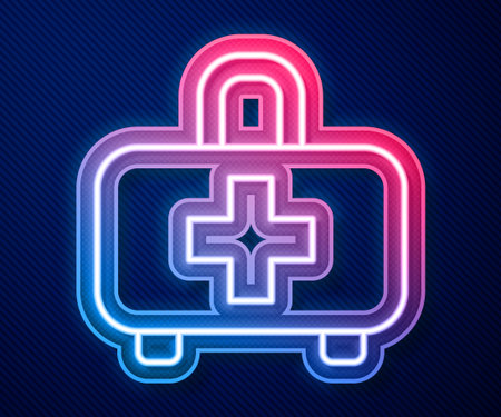 Glowing neon line First aid kit icon isolated on blue background. Medical box with cross. Medical equipment for emergency. Healthcare concept. Vector.のイラスト素材