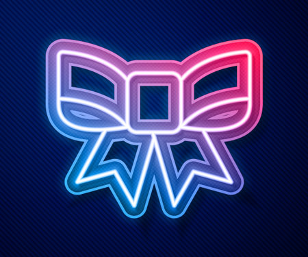 Glowing neon line Gift bow icon isolated on blue background. Vector.のイラスト素材