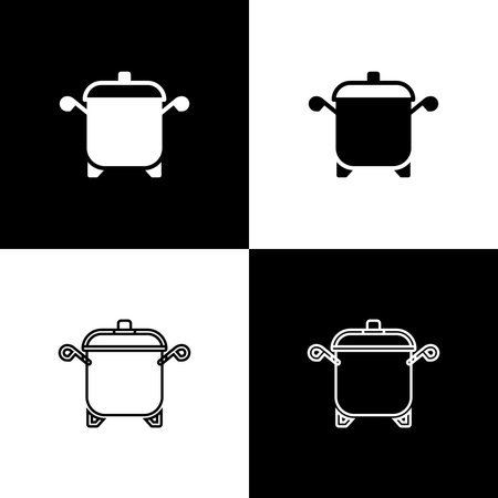 Set Cooking pot icon isolated on black and white background. Boil or stew food symbol. Vector.のイラスト素材