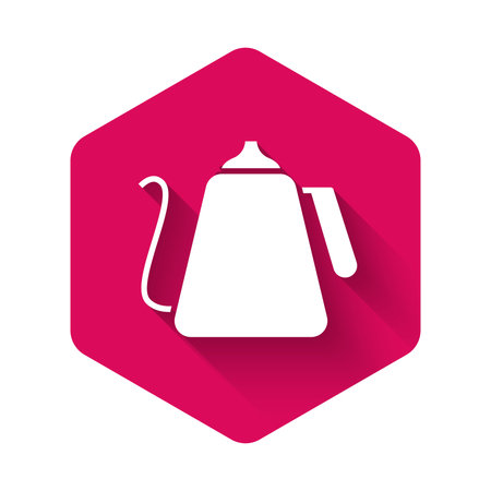White Kettle with handle icon isolated with long shadow. Teapot icon. Pink hexagon button. Vector Illustration.のイラスト素材