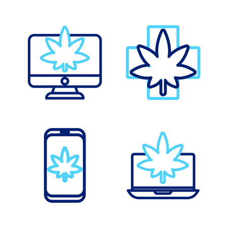 Set line Laptop and marijuana or cannabis Mobile Medical leaf and Monitor icon. Vector.のイラスト素材