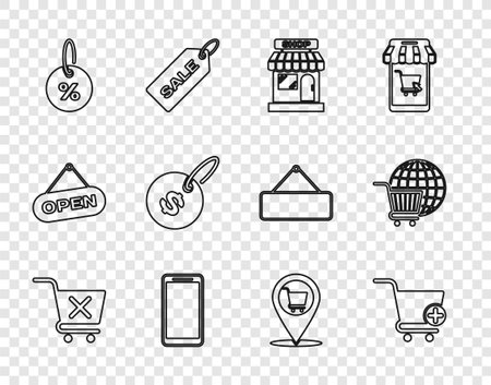 Set line Remove shopping cart Add to Shopping Market store Smartphone mobile phone Discount percent tag Price with dollar Location and globe icon. Vector.のイラスト素材