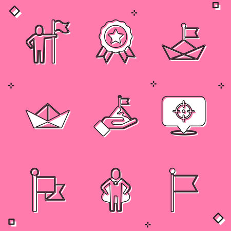 Set Man holding flag Medal Folded paper boat Mountains with Target Flag and Head hunting icon. Vector.のイラスト素材