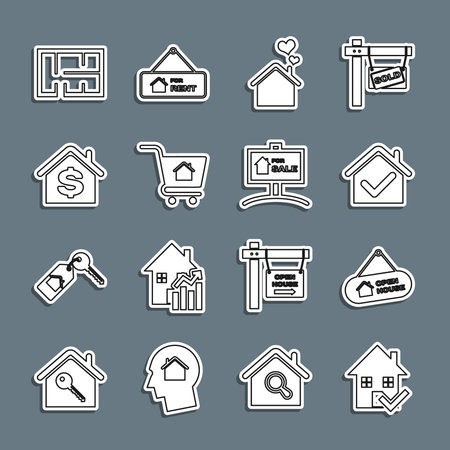 Set line House with check mark Hanging sign Open house heart shape Shopping cart dollar plan and For Sale icon. Vector.のイラスト素材