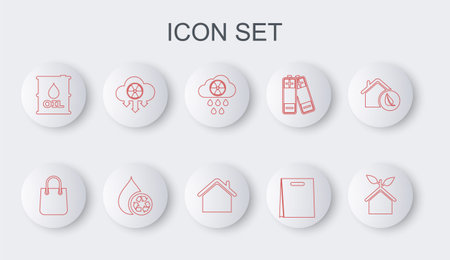 Set line Eco friendly house Shopping bag Acid rain and radioactive cloud Oil barrel Recycle clean aqua and House icon. Vector.のイラスト素材