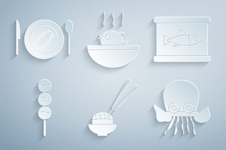 Set Sushi Canned fish Takoyaki on stick Octopus Puffer soup and Served cucumber plate icon. Vector.のイラスト素材