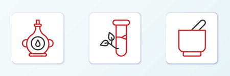 Set line Mortar and pestle Oil bottle and Laboratory glass leaves icon. Vector.のイラスト素材