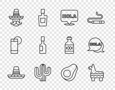Set line Mexican sombrero Pinata Hola Cactus man Tabasco sauce Avocado fruit and icon. Vector.のイラスト素材