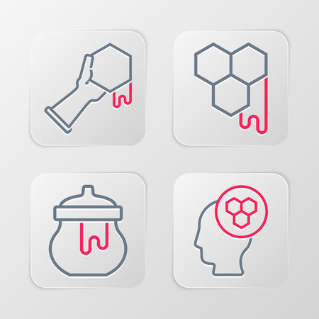 Set line Beekeeper Jar of honey Honeycomb and and hand icon. Vector.のイラスト素材