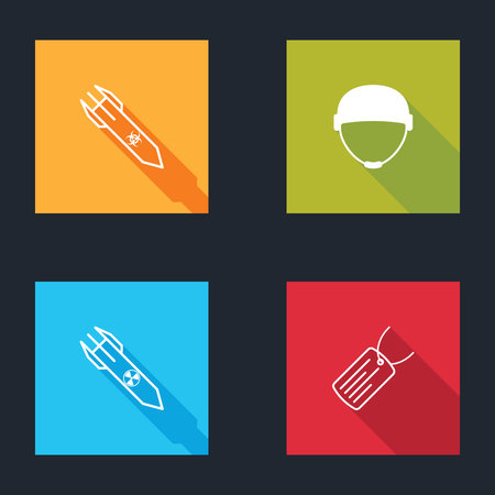 Set Biohazard rocket, Military helmet, Nuclear and dog tag icon. Vector.のイラスト素材